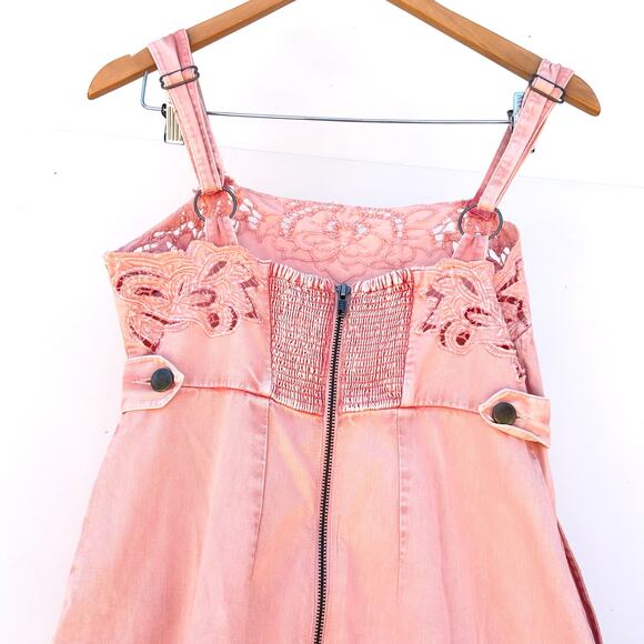 Free People Leighton Wide Leg Jumpsuit Pink Cotton Lace Overalls Denim Small - Picture 13 of 14